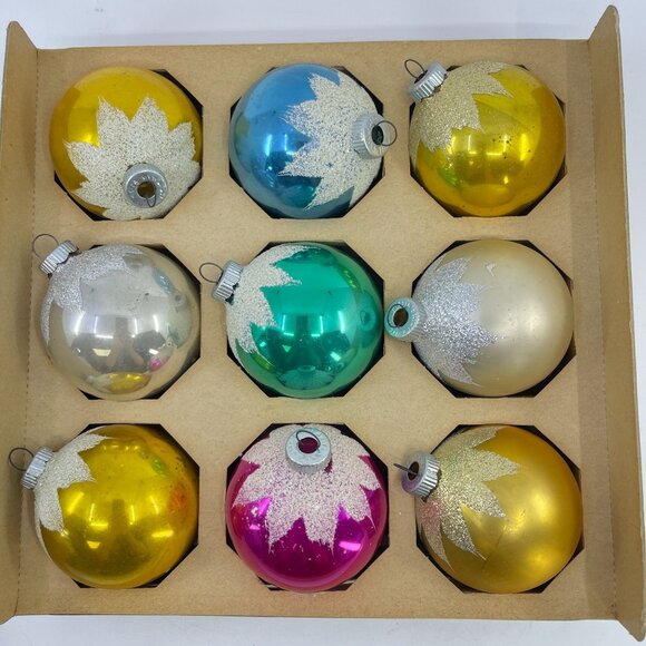 vintage shiny brite christmas ornament set of 9 with flocking - Picture 2 of 7